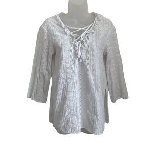 Line & Dot Small Tunic Top White Eyelet Long Sleeve Embroidered
